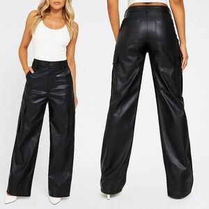 Imperial Faux Leather Cargo Pants Wide Leg Streetwear Black‎ Size S
